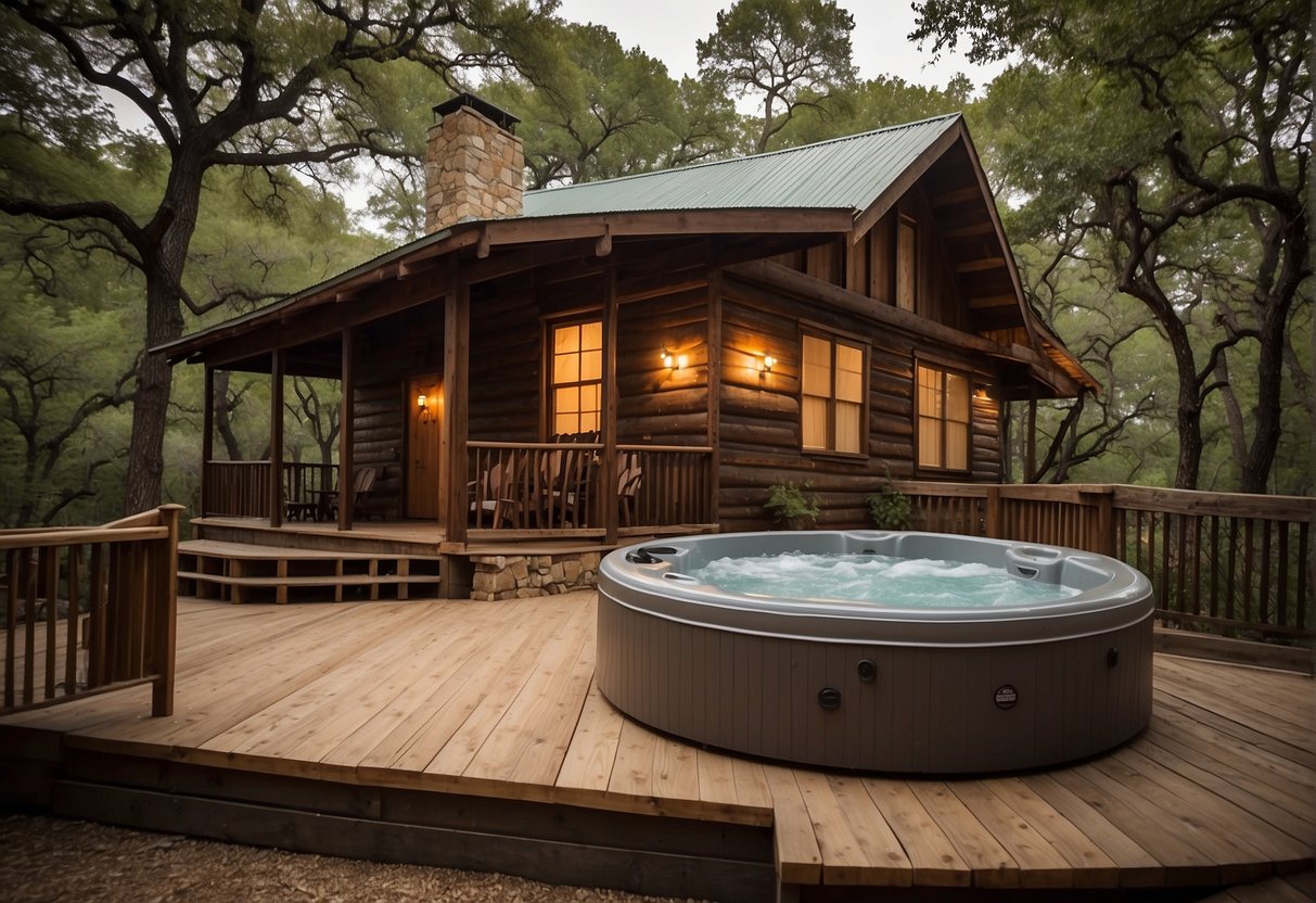 A cozy cabin nestled in the woods, with a hot tub on the deck. Surrounded by nature, the cabin offers a peaceful retreat in Glen Rose, Texas