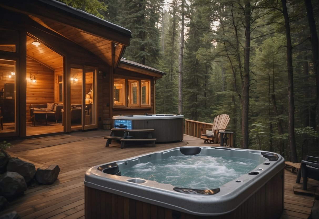 A cozy cabin nestled in the woods with a bubbling hot tub on the deck, surrounded by nature and the sounds of wildlife