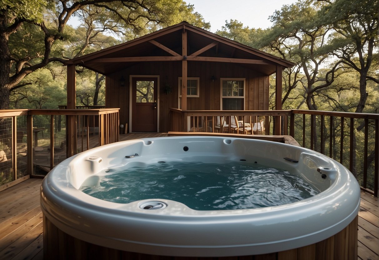 A cozy cabin nestled in the woods of Glen Rose, Texas, featuring a bubbling hot tub on the private deck. Surrounded by nature, the cabin offers a peaceful retreat for relaxation and rejuvenation