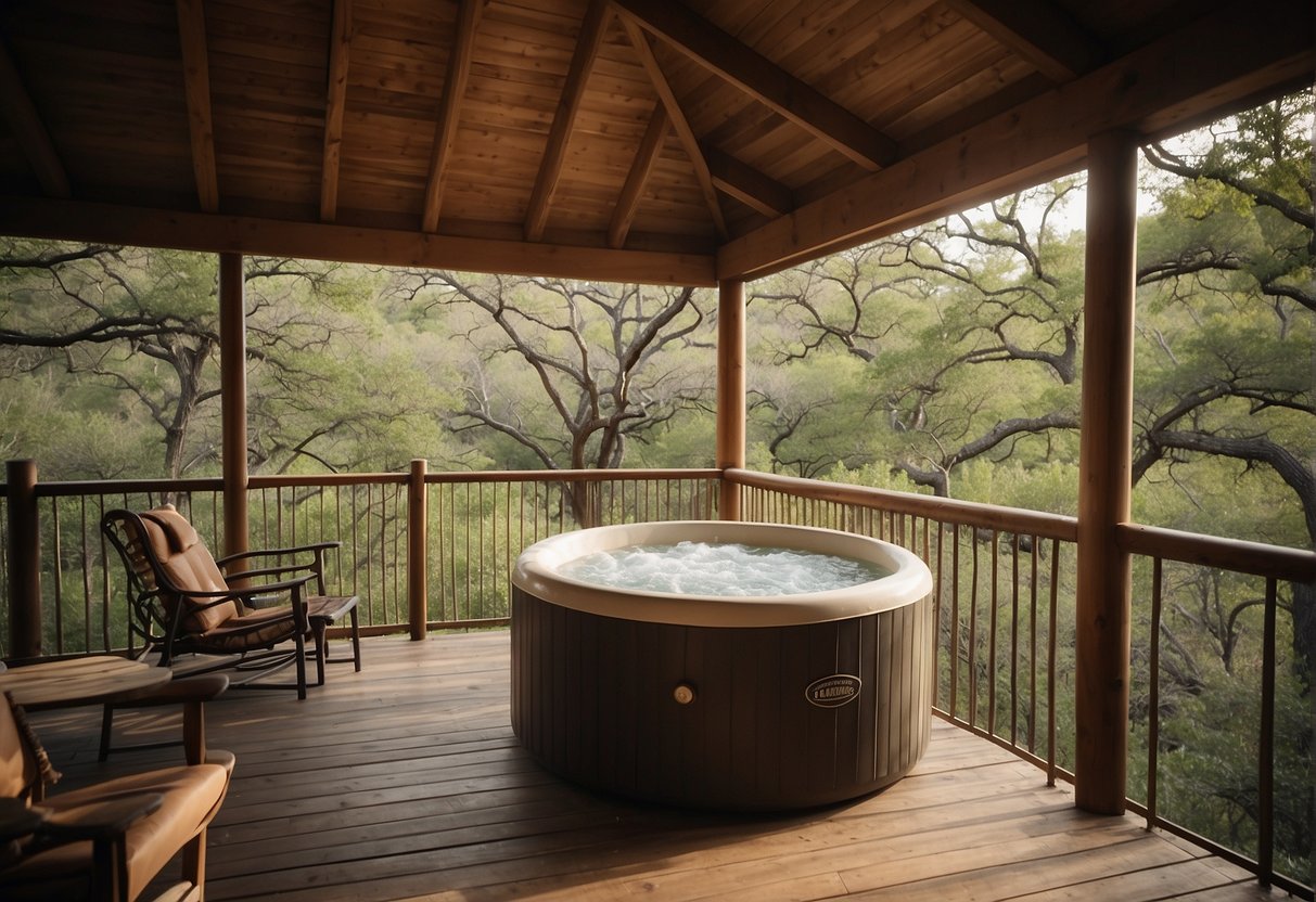 A cozy cabin nestled in the woods of Glen Rose, Texas, featuring a relaxing hot tub on the deck, surrounded by nature's beauty