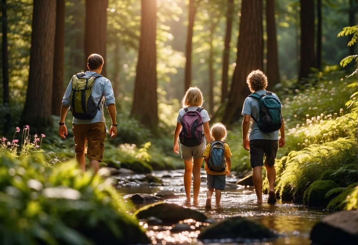 A family hikes through a lush forest, crossing a bubbling stream. They pass by towering trees and colorful wildflowers, with the sun shining through the canopy above