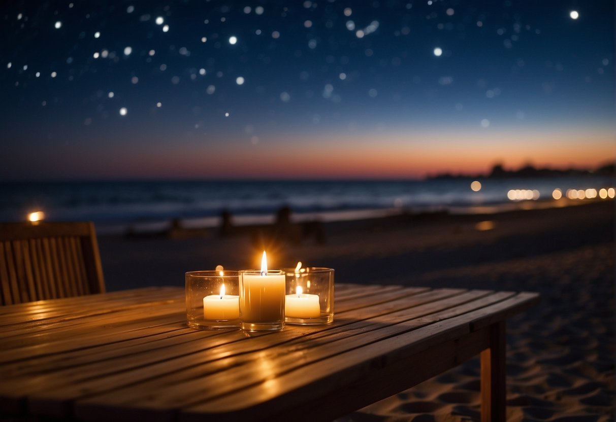 A candlelit table on the sandy shore, waves gently lapping at the beach. A starry sky above and the soft glow of city lights in the distance