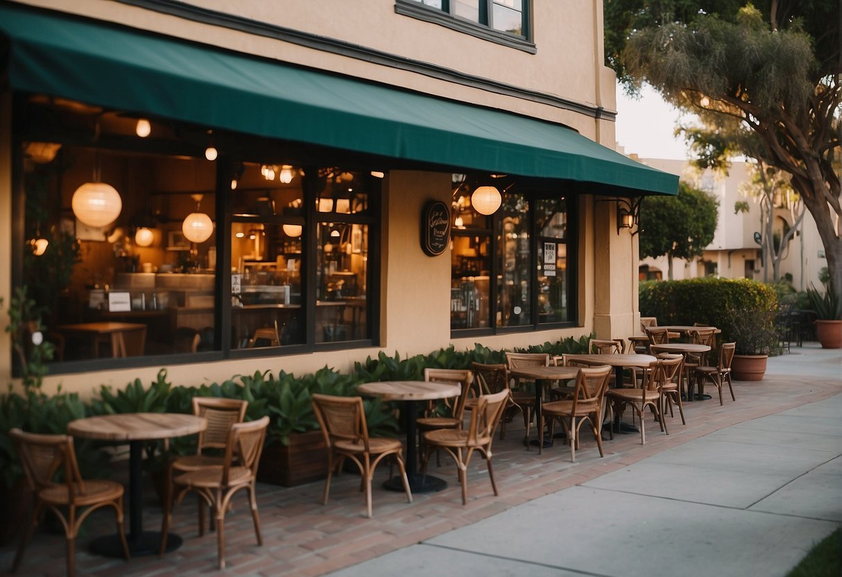 A charming neighborhood cafe with warm lighting, outdoor seating, and a cozy atmosphere, perfect for a romantic date in San Diego