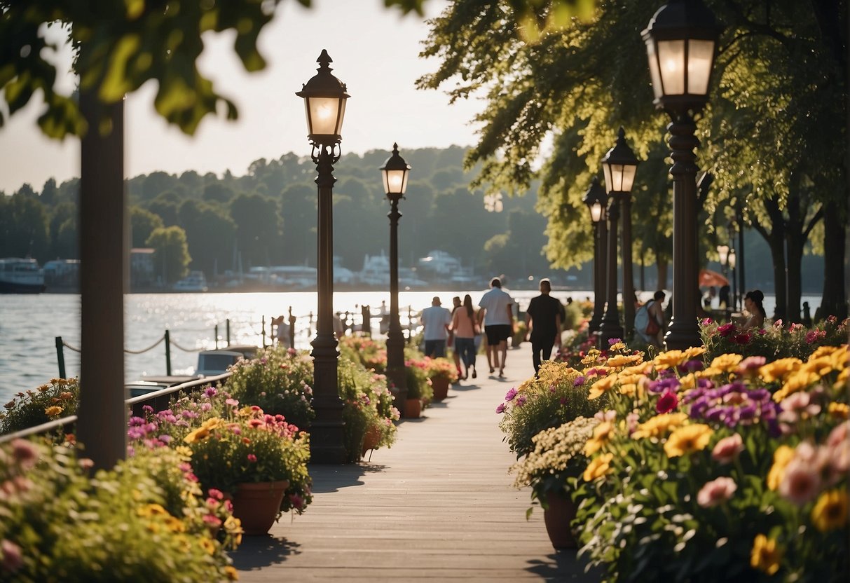People stroll through Waterfront Park, passing by the scenic lake, lush greenery, and vibrant flowers. Boats float on the water, and a lively atmosphere fills the air