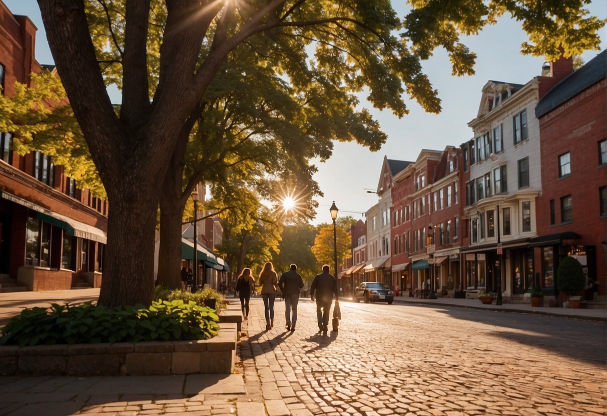People walking past colorful historic buildings in Burlington, VT. Trees line the cobblestone streets, and the sun casts a warm glow on the charming architecture