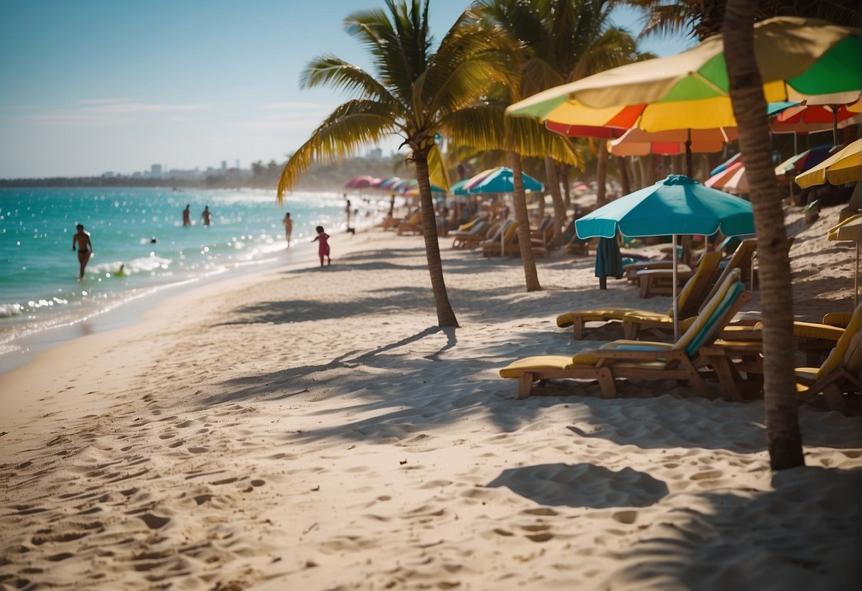 Palm trees sway in the gentle breeze, lining the sun-drenched beach. Colorful umbrellas dot the sandy shore, while families play in the clear, turquoise waters