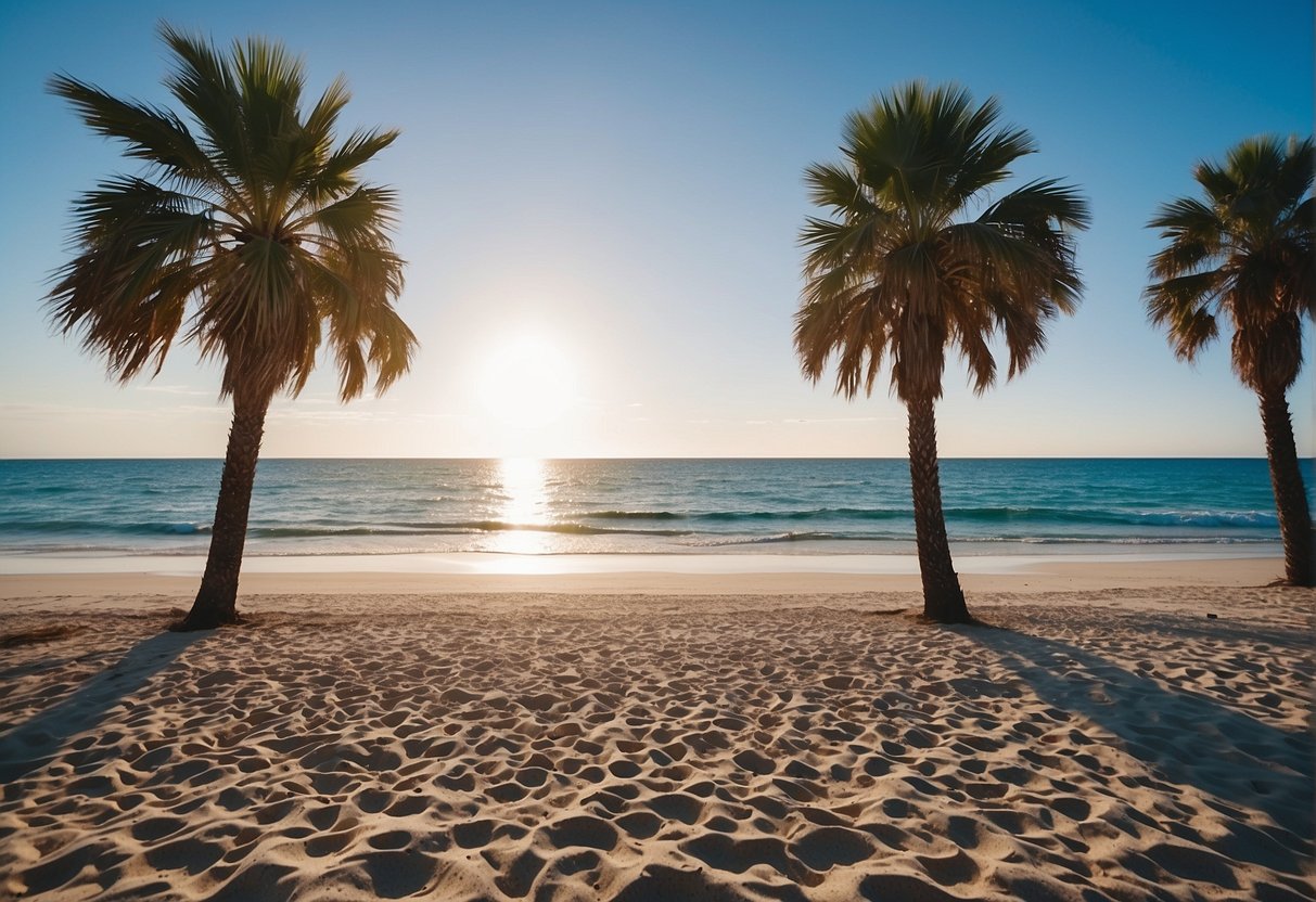 A sunny beach with palm trees, white sand, and clear blue water in a coastal US location in February