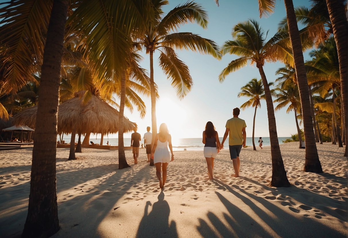 Sandy beaches and palm trees under a bright sun, with people in light clothing enjoying the warm weather