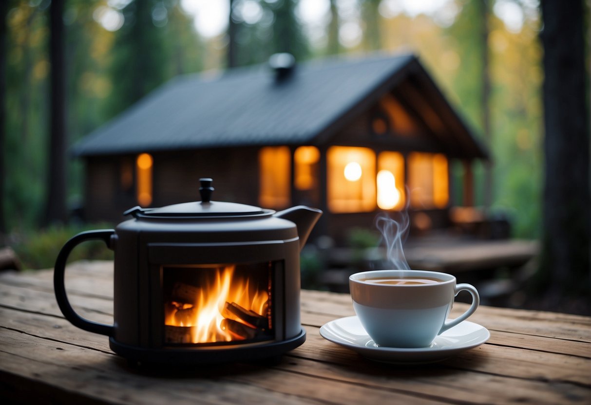A cozy cabin nestled in a colorful forest, with a crackling fire and a warm cup of tea on a rustic wooden table