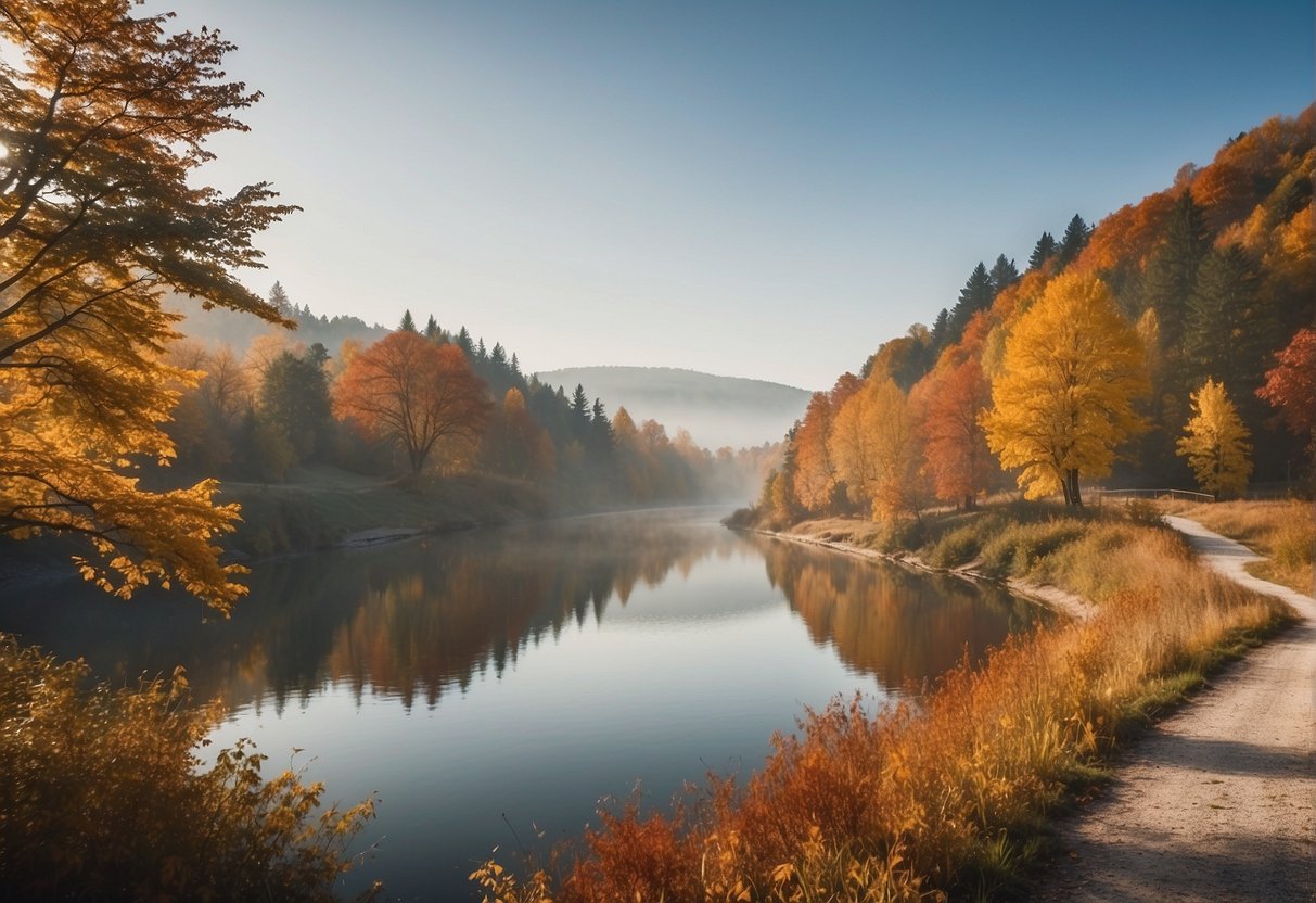 Colorful autumn trees line a winding river, with a quaint town in the background. A misty morning creates a serene atmosphere