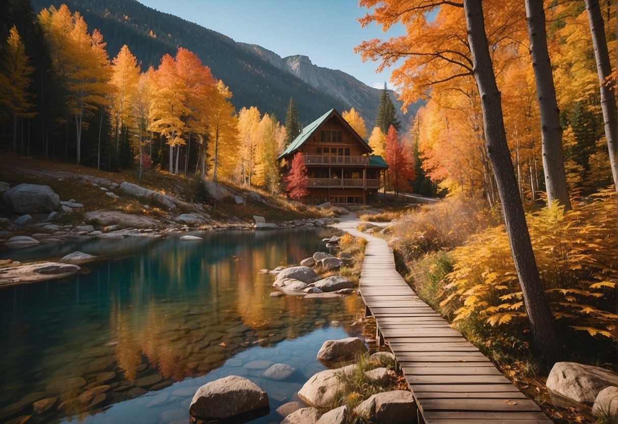 Vibrant autumn foliage surrounds a cozy cabin nestled in the mountains. A winding trail leads to a crystal-clear lake, reflecting the colorful trees