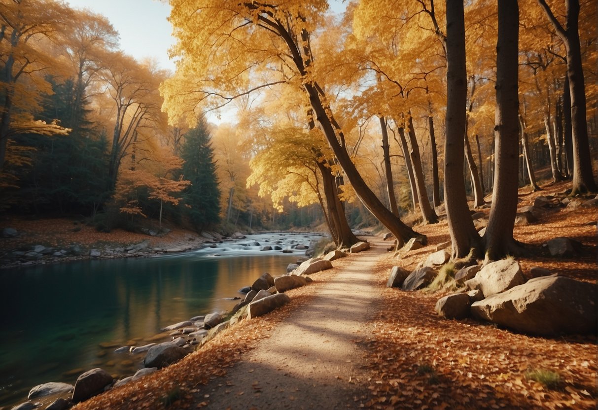 A colorful forest with a winding trail, a flowing river, and a cozy campsite under the golden leaves of autumn