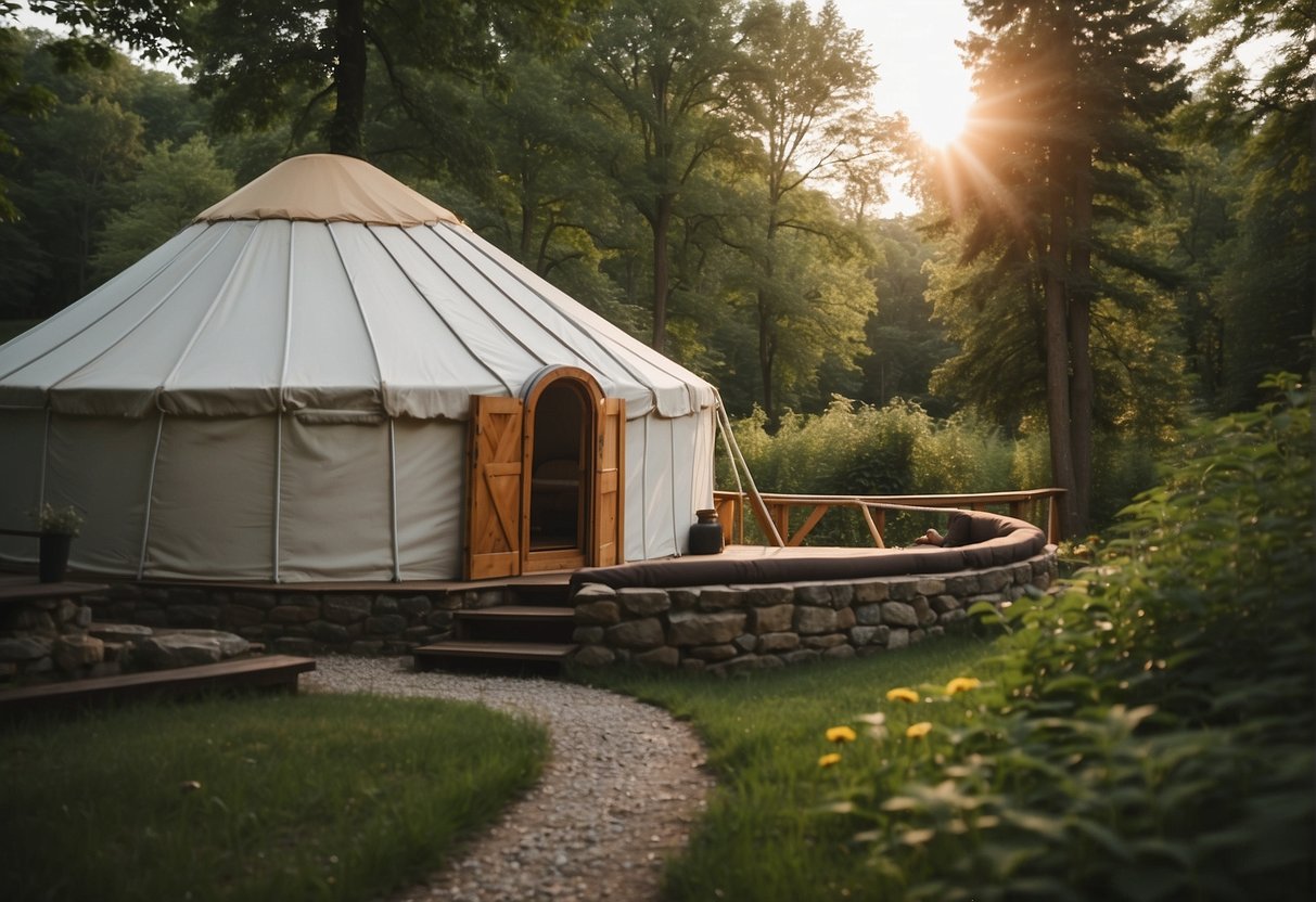 A cozy yurt nestled in the Ohio countryside, surrounded by lush greenery, with a bubbling hot tub outside
