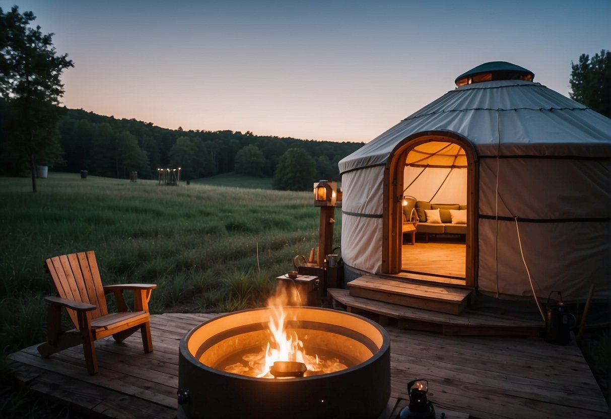 A cozy yurt nestled in the Ohio countryside, with a bubbling hot tub outside under the stars