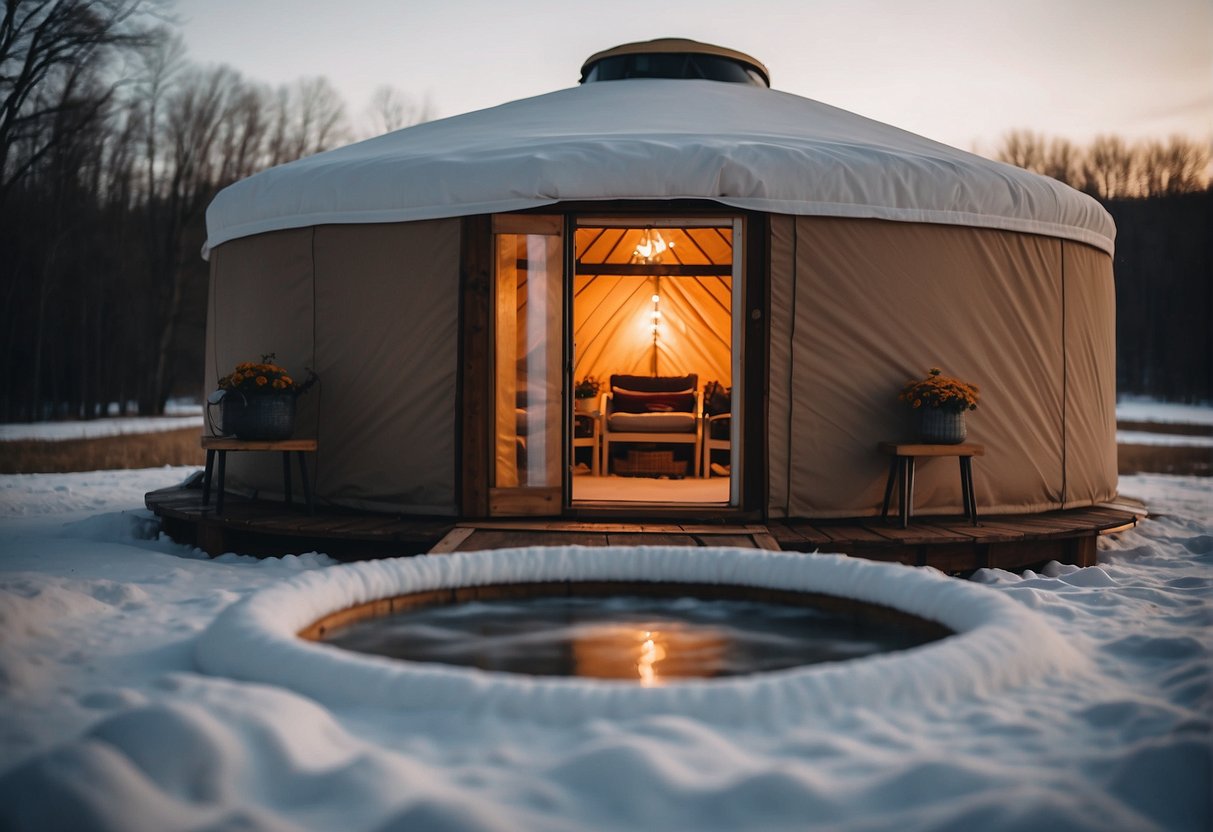 A cozy yurt nestled in the Ohio countryside, with a bubbling hot tub outside under the stars