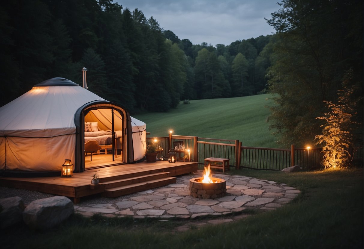 A cozy yurt nestled in the Ohio countryside, with a hot tub outside under the stars
