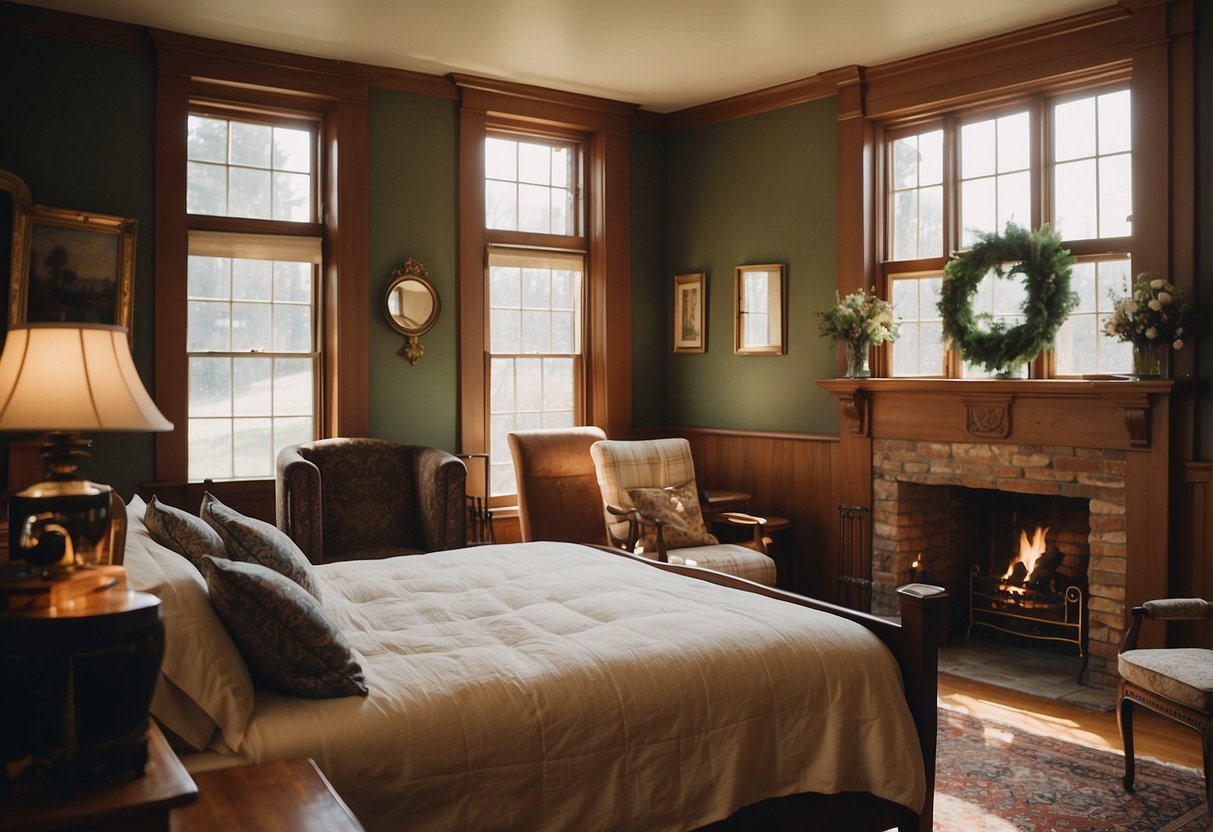 A cozy bed & breakfast in Burlington, VT, with a grand four-poster bed, plush pillows, and a warm fireplace, surrounded by elegant antique furniture and large windows overlooking the picturesque countryside