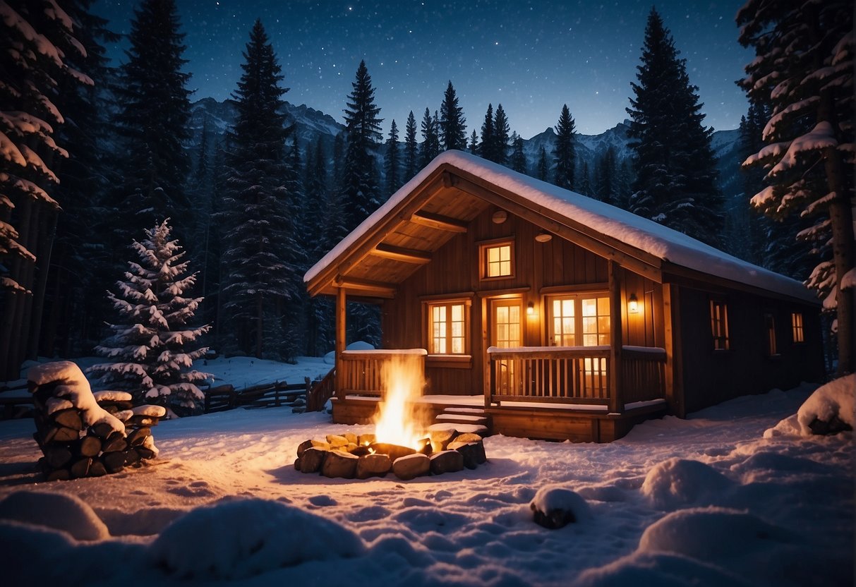 A cozy cabin nestled in the snowy woods, with a warm fire burning inside. A view of the mountains and a clear night sky above