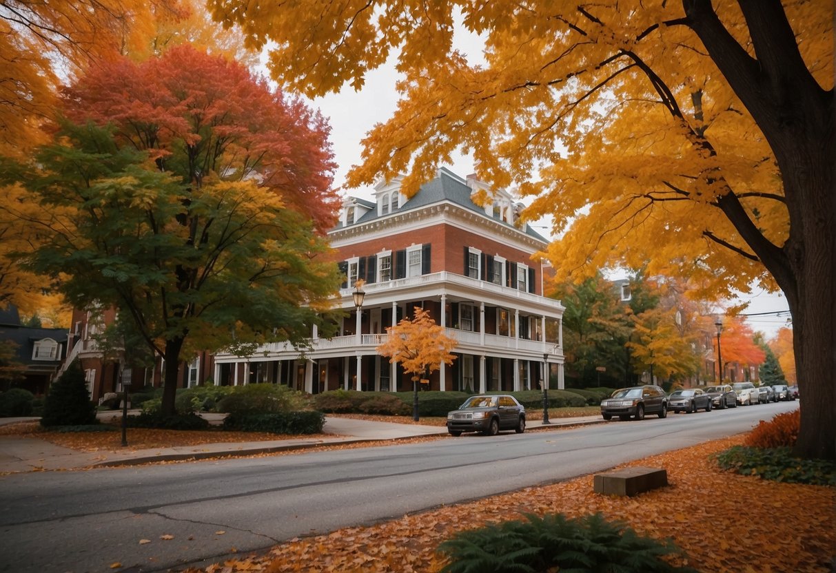 The historic inns of Burlington stand tall against a backdrop of colorful autumn foliage, with their charming architecture and inviting atmosphere beckoning visitors to come and stay