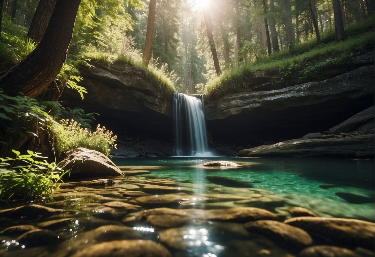 A serene creek winds through a lush forest, sunlight filtering through the trees. A hidden waterfall cascades into a crystal-clear pool, surrounded by wildflowers and towering cliffs