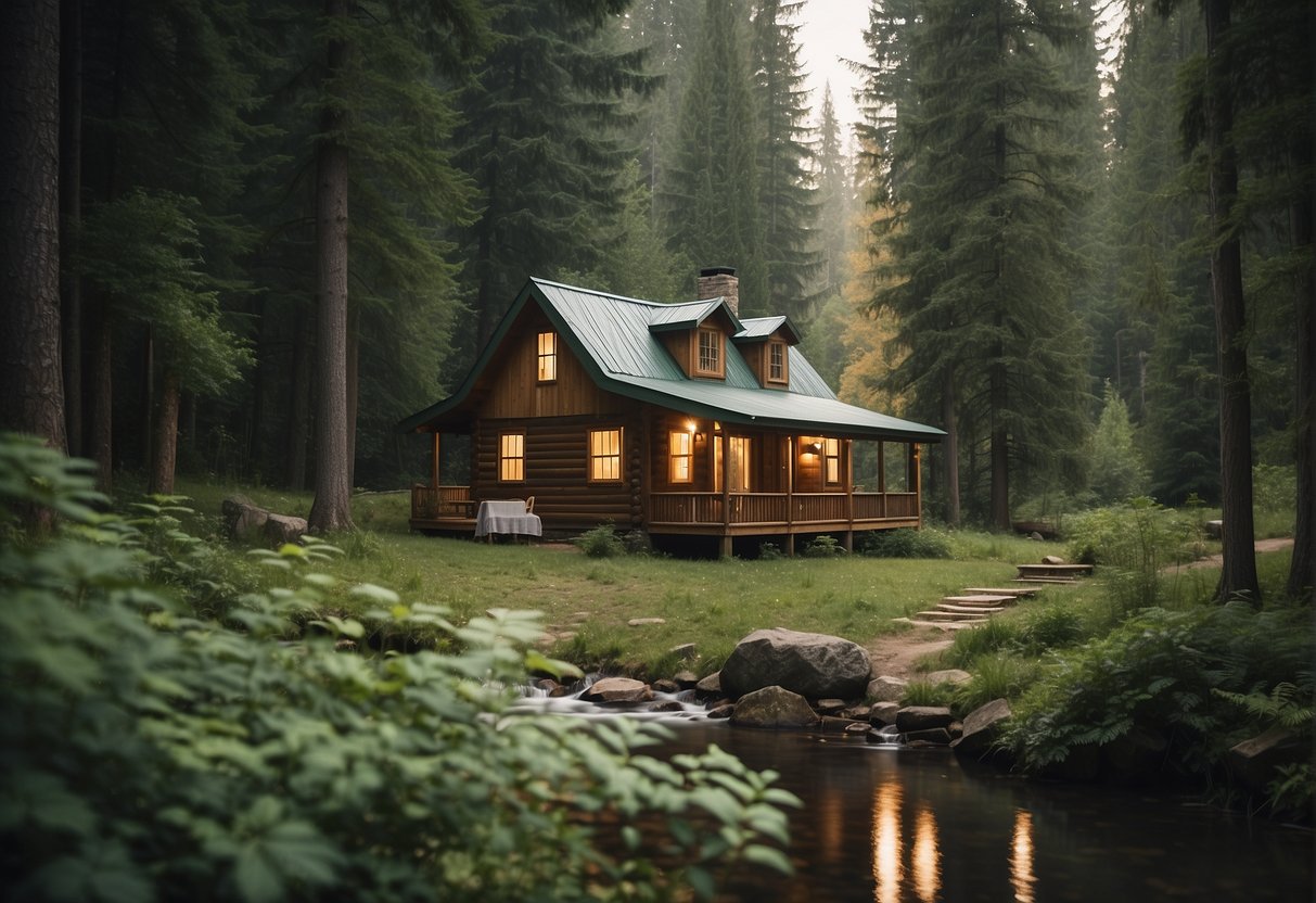 A cozy cabin nestled in the heart of a lush forest, surrounded by towering trees and a serene creek running nearby