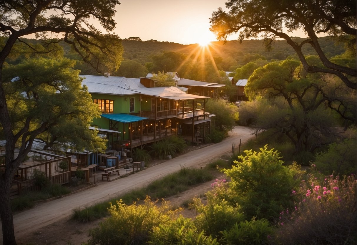 The sun sets over a lush, green landscape dotted with colorful art studios and galleries nestled in the heart of Wimberley, Texas