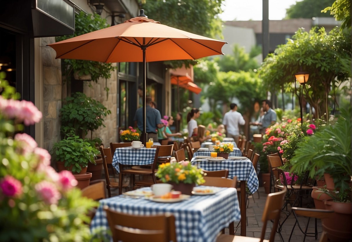 A rustic outdoor patio with colorful umbrellas, surrounded by lush greenery and blooming flowers. A chef prepares a sizzling plate of Tex-Mex cuisine, while customers chat and enjoy the vibrant atmosphere