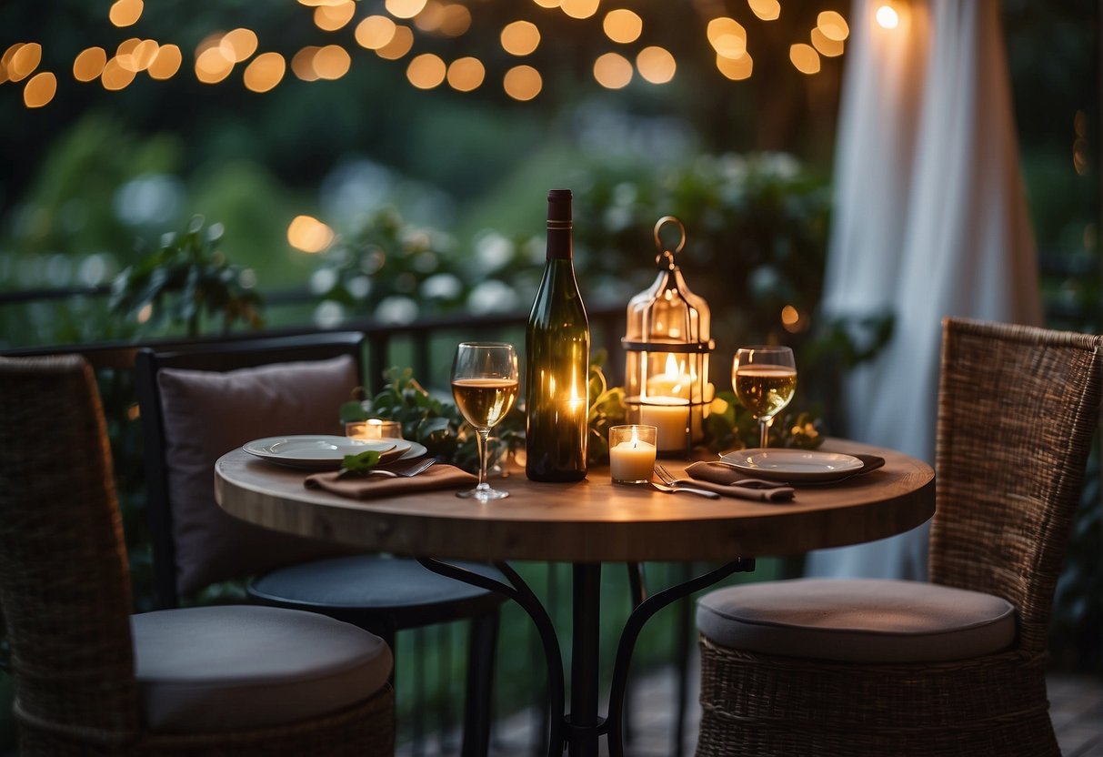 A cozy table for two set on a candlelit patio, surrounded by lush greenery and twinkling fairy lights. A menu of delectable dishes and fine wines awaits, creating the perfect ambiance for a romantic evening