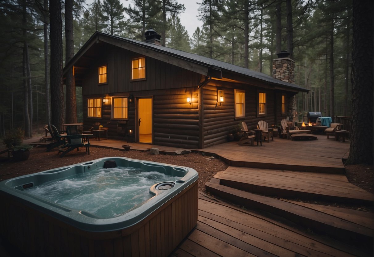 A cozy cabin nestled in the piney woods, with a crackling fire and a hot tub under the stars