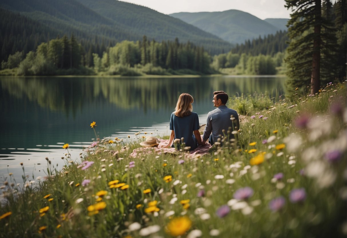 A couple enjoys a private picnic by a tranquil lake, surrounded by lush greenery and blooming wildflowers, with a cozy cabin in the background