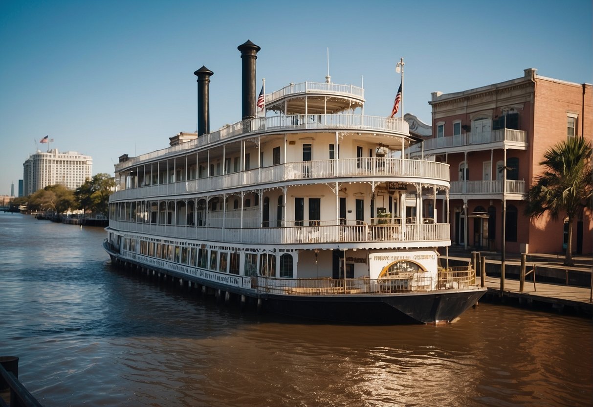 A riverboat stays docked on the Mississippi River in New Orleans, surrounded by historic buildings and colorful street art