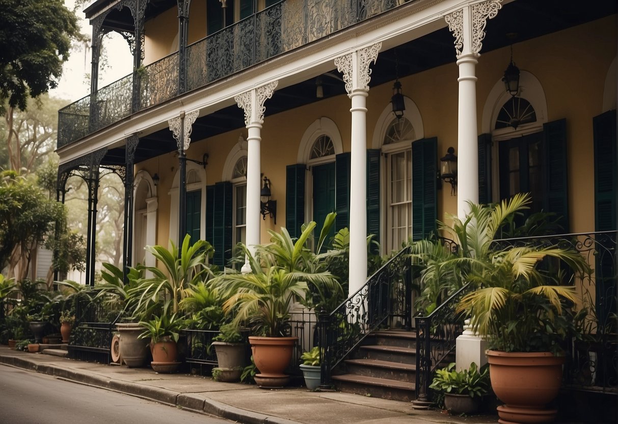 A charming historic Bed and Breakfast in New Orleans, with ornate ironwork balconies and lush greenery, nestled in a quiet cobblestone street
