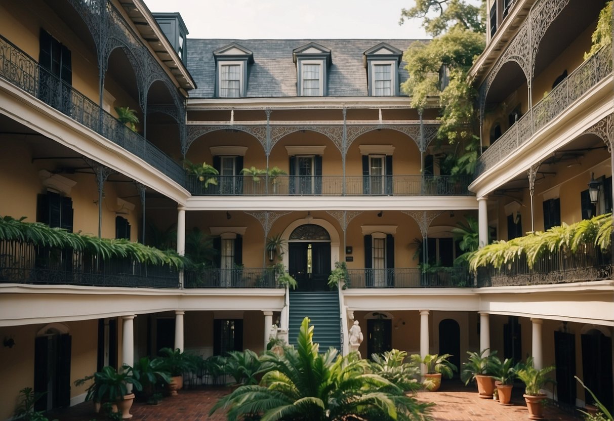 A grand, historic building with ornate balconies and lush courtyard gardens in the heart of New Orleans