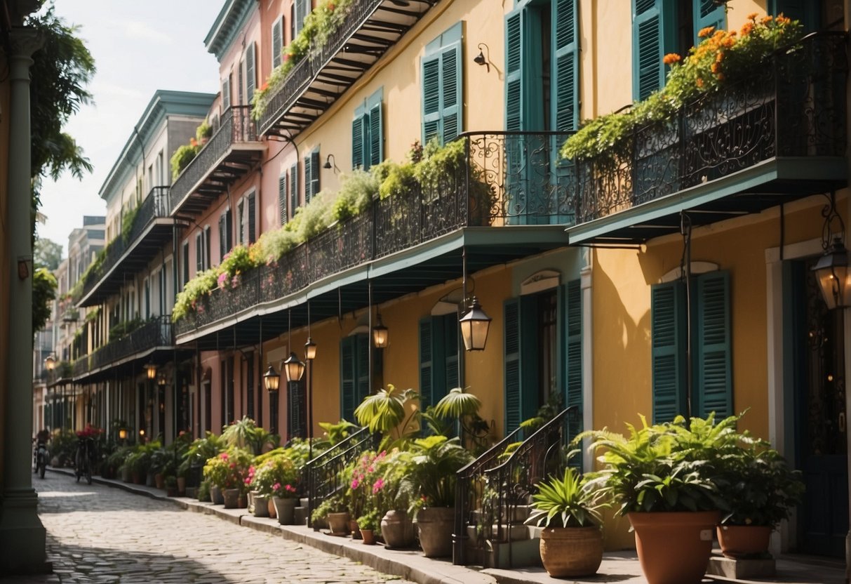 Colorful buildings line the cobblestone streets, adorned with ornate balconies and lush greenery. Quirky accommodations, from historic mansions to cozy cottages, offer a charming and eclectic stay in the heart of the French Quarter
