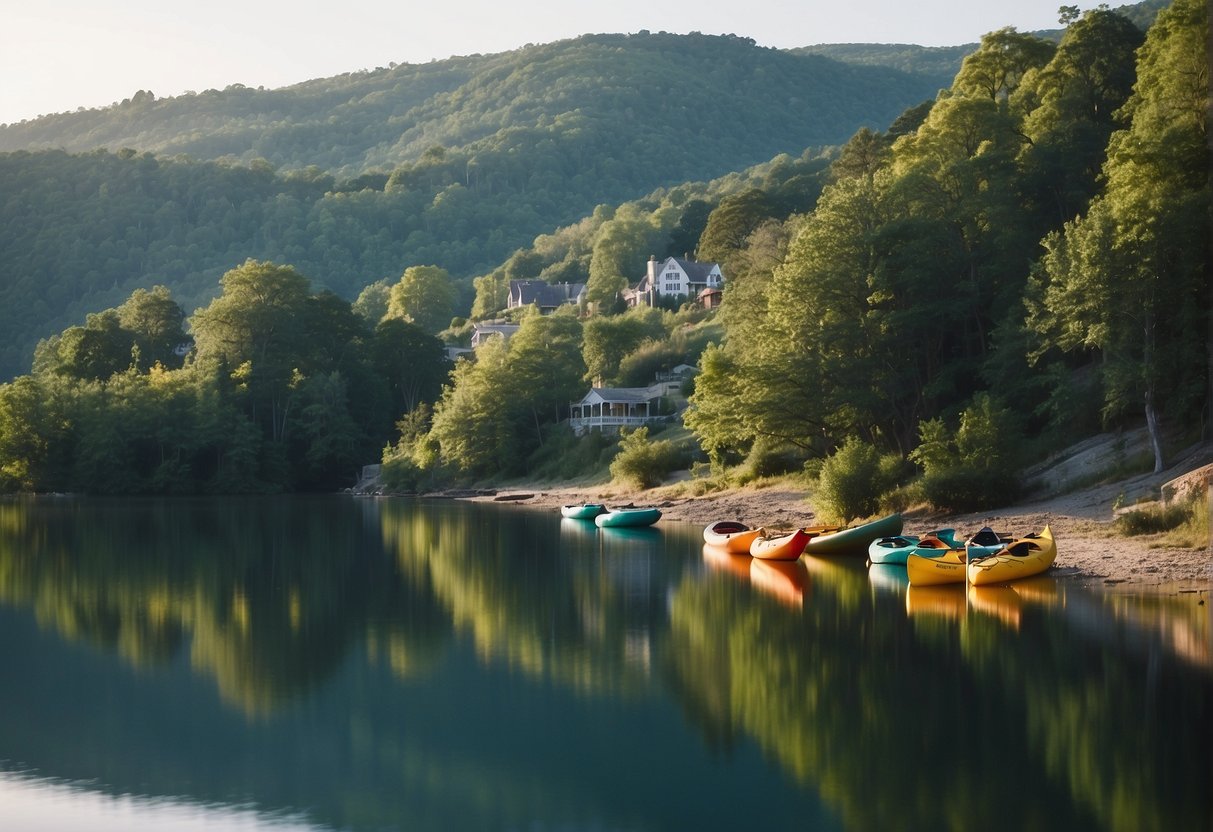 Rolling hills and winding rivers surround a quaint town, with colorful kayaks lining the water's edge. Lush greenery and towering trees provide a serene backdrop for outdoor adventures