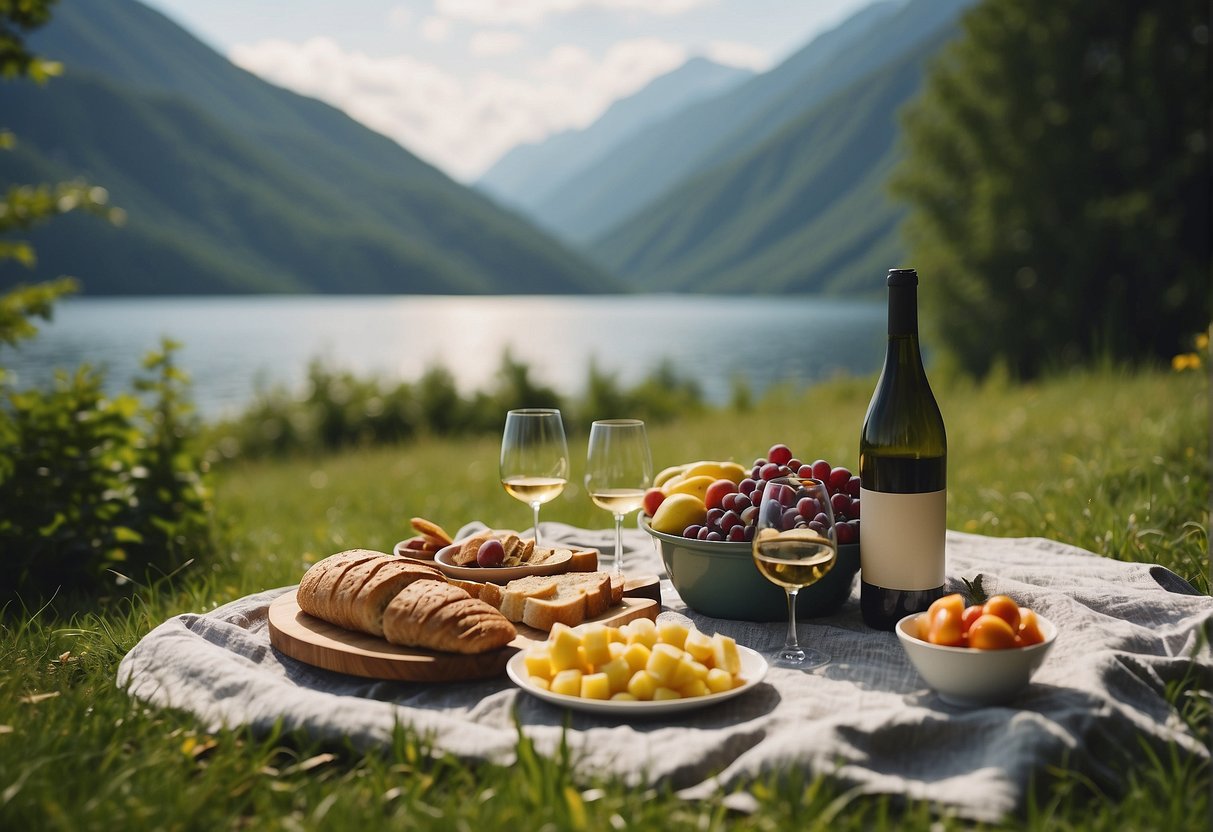 A couple picnicking by a serene lake, surrounded by lush greenery and mountains in the distance. A blanket is laid out with a spread of delicious food and a bottle of wine, as they toast to their anniversary