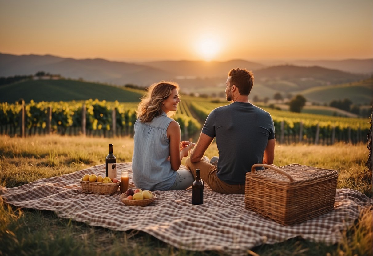 A couple enjoying a scenic picnic at a vineyard, with rolling hills and a sunset in the background