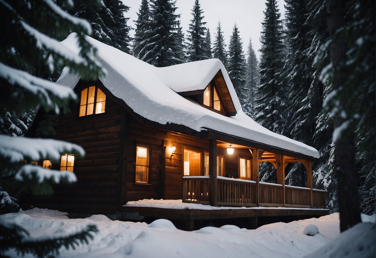 A cozy cabin nestled in the lush forests of Washington State, with a crackling fire, a hot tub, and a view of the snow-capped mountains