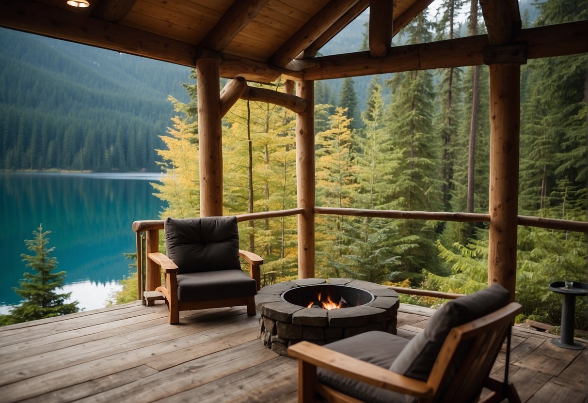A rustic cabin nestled in the lush forests of Washington state, with a cozy fire pit and a serene lake in the background