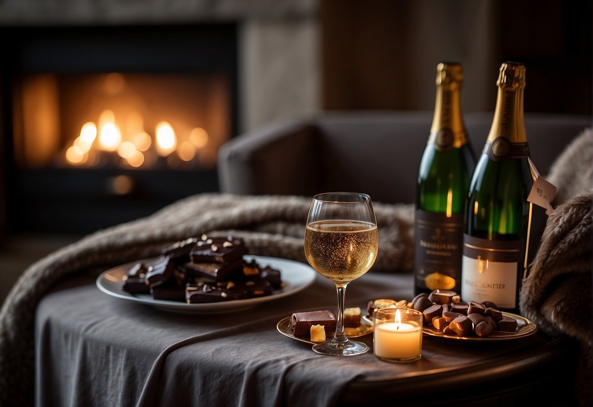 A cozy fireplace flickers in the corner of a spacious suite, casting a warm glow over the luxurious bedding and elegant furnishings. A bottle of champagne chills on ice next to a decadent chocolate dessert, setting the scene for a romantic evening