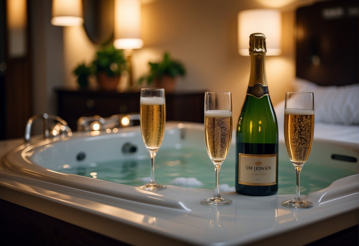A cozy hotel room with a king-sized bed, soft mood lighting, and a bubbling jacuzzi in the corner. A bottle of champagne and two glasses are placed on a nearby table