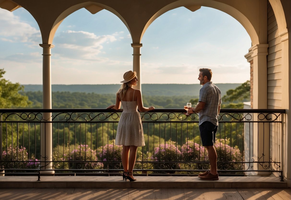 A couple enjoys a scenic view from a balcony at a romantic hotel in Fredericksburg, surrounded by lush greenery and a serene atmosphere